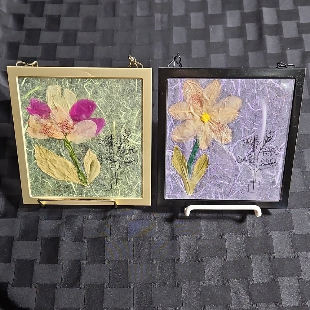 Handmade Japanese Oshibana Pressed Floral Art Panels Set of 2 Botanical Decor